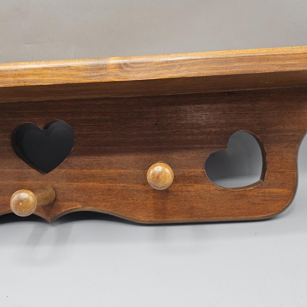 Vintage Cottagecore Wood Shelf Coat Rack Hearts Cutout 3 Pegs 22" Grandmacore - Picture 2 of 13